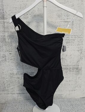 Michael Kors Black One-Shoulder Swimsuit with Silver Ring Strap
